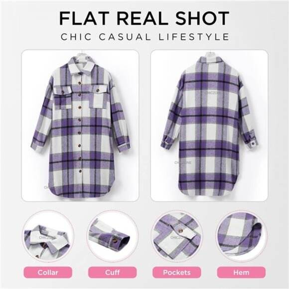 Womens Plaid Shacket Jacket Long Corduroy Shirt Casual Lapel Button - Picture 5 of 6